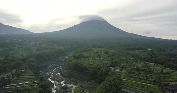 Natural lenticular sky mountain merapi, volcano. Scenic Aerial View of Mount Merapi in the Morning i