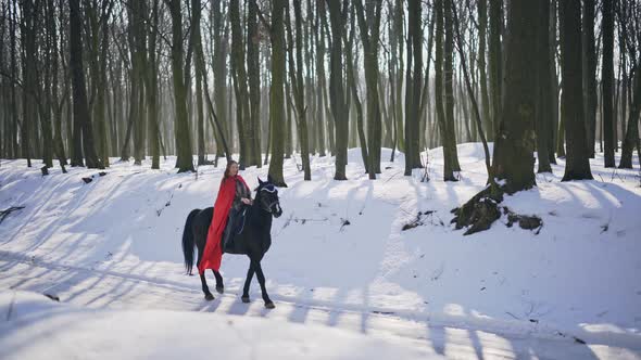 Woman Dressed in a Red Cloak Riding a Horse Down a Snow Covered Road Through a Forest in Winter in a