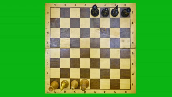 Retro chessboard with arrangement placed old pieces in the starting position alt