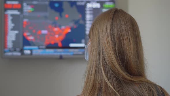 A Young Woman Wearing a Medical Face Mask Looking at the Screen Where the Numbers of People Infected