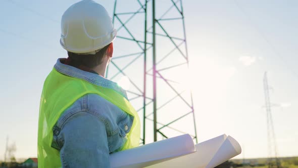 Architect Worker Checking Construction Project On Electric Tower