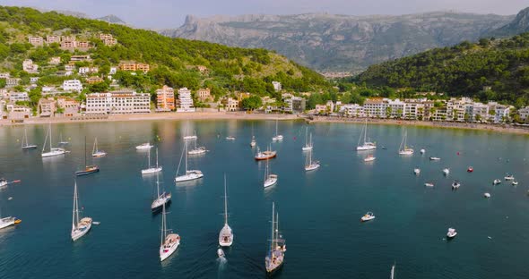 Aerial View of Summer Resort Town Port De Soller on Majorca Island Sandy Beach Boats Yachts Clear