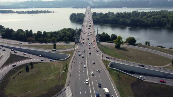 overpass. heavy traffic of cars. The city of Kiev. aerial