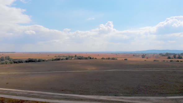 Sunny day above big meadow near Danube river. Aerial drone footage of nature around Danube river.