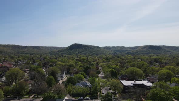 Panorama over older neighborhood in midwest Wisconsin city. Tree lined streets.