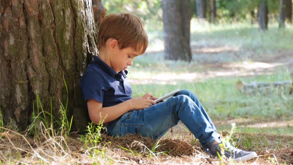 Portrait of a Happy Child Playing in a Tablet. A Little Boy Sitting By a Tree in the Park. Modern