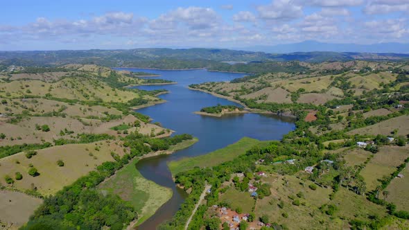 Bao dam in Dominican Republic. Aerial drone descending