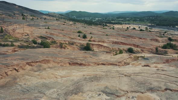 Aerial View; Drone Flying Over the Polluted Mountain