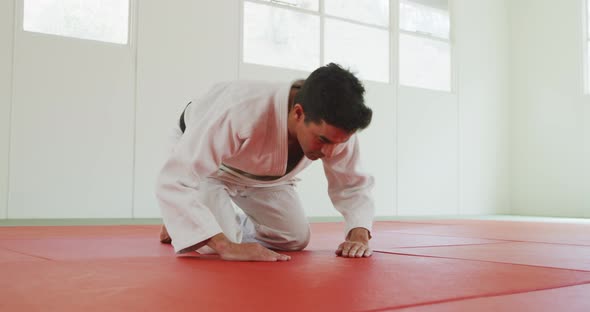 Kneeling judoka saluting on the judo mat