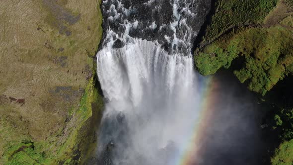 Aerial view of a rainbow at Skogafoss waterfall in Iceland, Europe