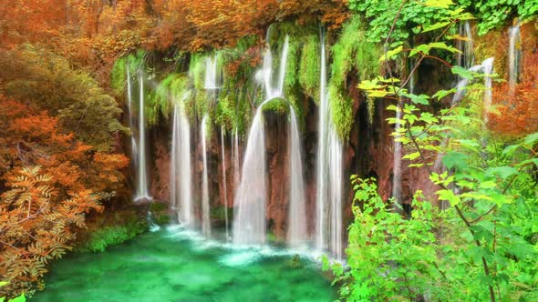 Cinemagraph video of waterfall landscape in Plitvice Lakes Croatia in autumn