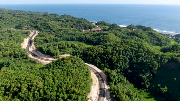 Sea coastline forest and winding new road under construction, aerial view