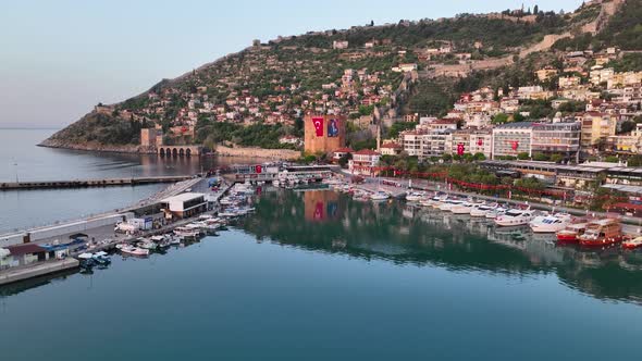 Sunrise Alanya Harbor aerial view 4 K