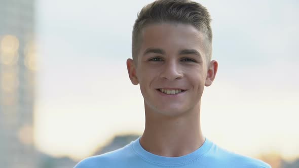 Happy Caucasian Male Teen Sincerely Smiling on Camera, Future Goals, Inspiration