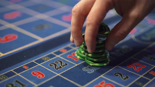 Dealer Works in the Casino Moving Chips with His Hands at the Gaming Table