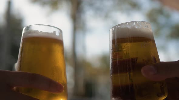 Celebration Beer Cheers Concept - Close Up Hands Holding Up Glasses of Beer of People Group in