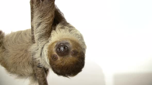 Upside down sloth on white background with negative space