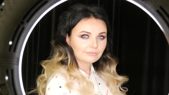 Beautiful Young Woman with Long Hair Extensions Dyed Black and White Ombre and Beautiful Bright