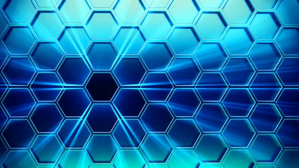 Infinite immersive navy blue shining hexagons array. Loopable animation. HD