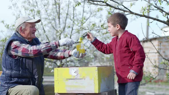 Friendly Family, a Joyful Boy Together with His Elderly Grandfather Restore Old Beehive with a Brush