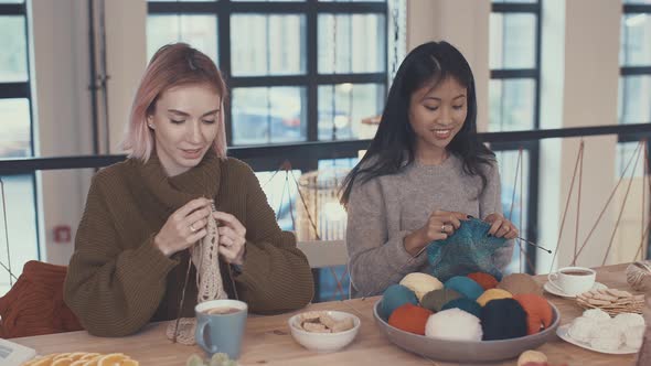 Attractive girls at knitting