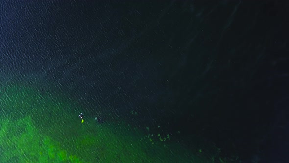 Top View of a Clear Cold Green Lake. Divers in Suits Swim in Clear, Clear Water, Aerial View