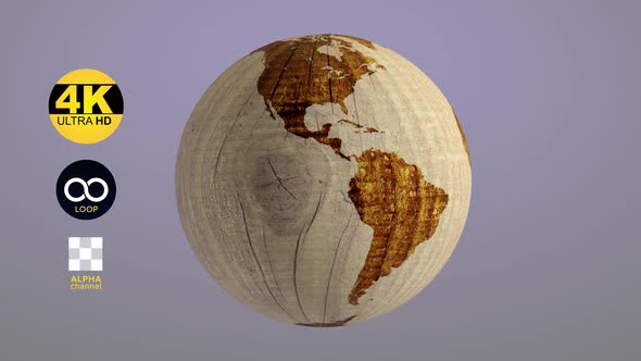 Wooden Earth With Alpha Channel Rotate Around its Axis