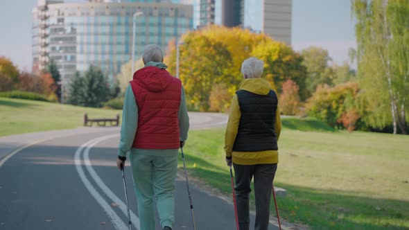Two Aged Women Walking in Sunny Fall Park with Nordic Walking Poles Back View