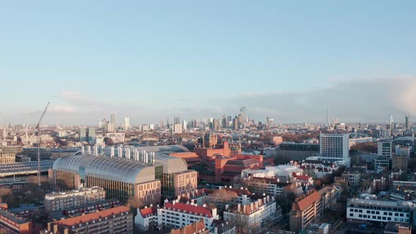 Dolly forward drone shot towards St Pancras train station North London