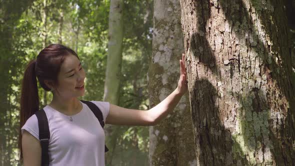 Asian Girl Hiker Touching Tree