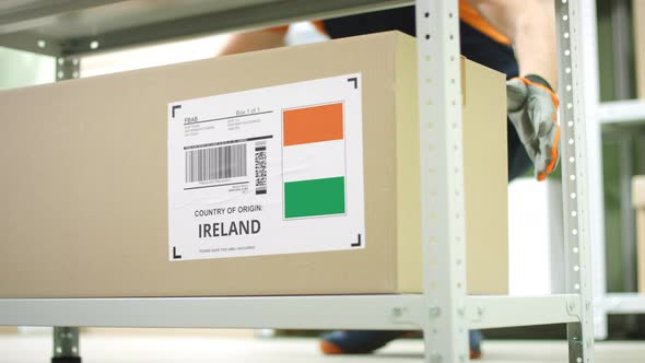 Cardboard Box with Goods From Ireland in a Storage