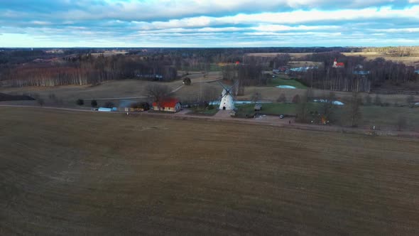 Old Araisi Windmill in Latvia Aerial Shot From Above. Winter Day at Sunrise. This Is the Only Windmi