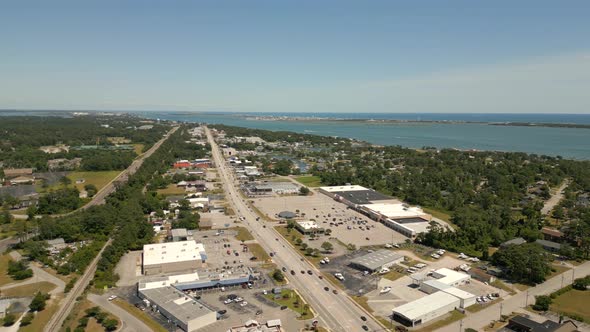 Aerial Video Arendell Street Morehead City Lined With Shops And Businesses