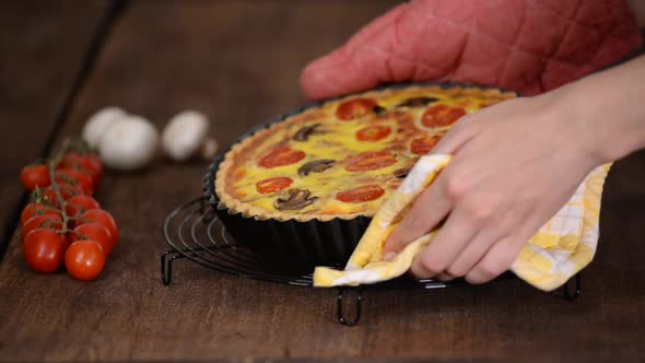 Chicken Quiche Lorraine with Mushrooms, Tomatoes and Cheese.