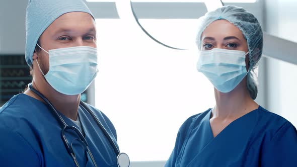 Professional medical doctors working in emergency medicine. Portrait of surgeon and the nurse.