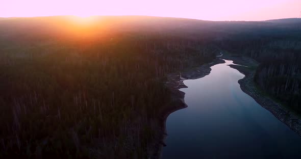 Fly Over The Lake and a Pine Forest at the Sun Set