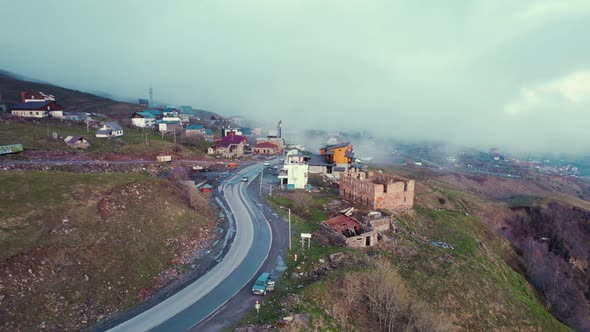 Drone View of Mountain Military Road in Stepantsminda Georgia Caucasus