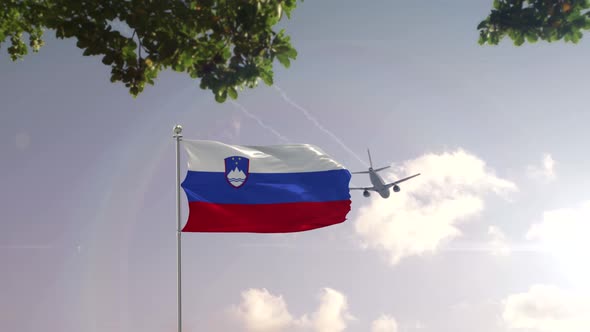 Slovenia Flag With Airplane And City -3D rendering