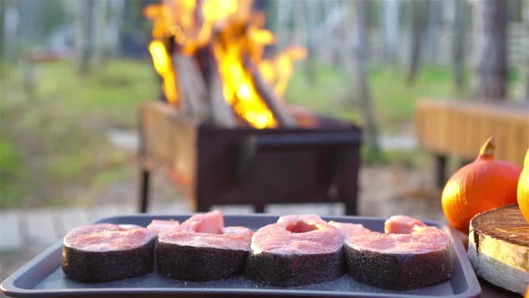 BBQ Fish Steaks. Pieces of Salmon Are Fried Over an Open Fire.