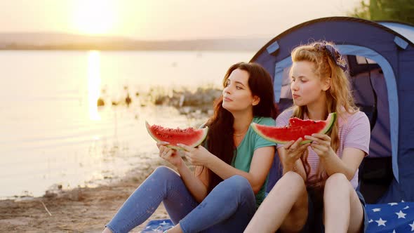 Amazing Sunset Beside the Lake Two Friends Ladies