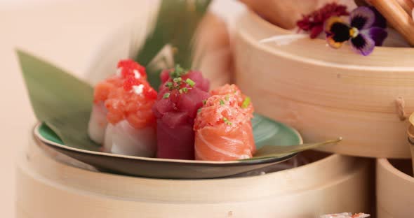 Set Of Delicious And Fresh Salmon Sashimi And Tuna.  - close up, panning shot