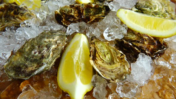 Oysters on ice on a rotating board.