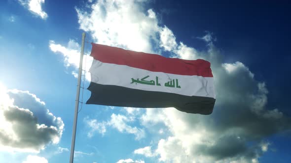 Flag of Iraq Waving at Wind Against Beautiful Blue Sky