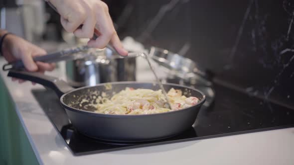 Carbonara Pasta Preparing on Pan