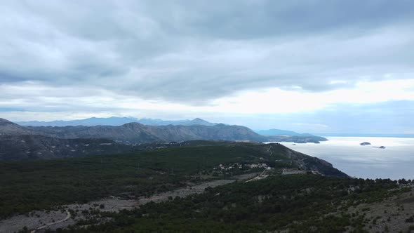 Panoramic aerial landscape of the Dinaric Alps and Dubrovnik coast, Croatia