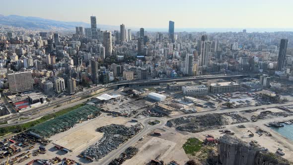 A drone aerial shot showing Port of Beirut explosion site