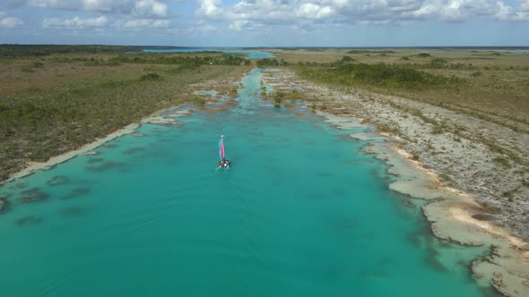 Catamaran Riding in Los Rapidos Lagoon in Bacalar Mexico