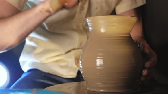 Man Makes Jug in Pottery Workshop Clay Product Authentic Atmosphere Background Footage