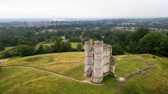 Drone flying around Donnington medieval castle ruins, Berkshire county, England. Aerial view