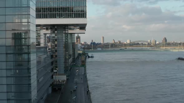 AERIAL: Cologne Futuristic Kranhaus, Crane House Apartments, Office Buildings in Beautiful Sunlight